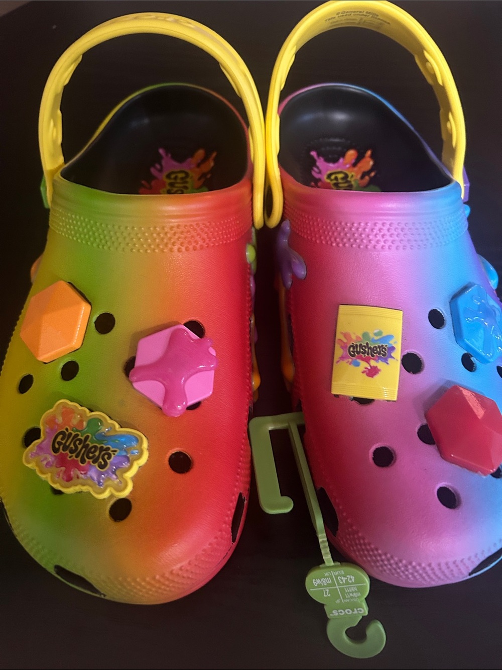 CROCS Rainbow Gradient Clog Sandals with Yellow Strap